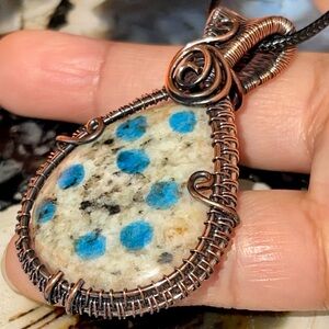 Copper Wire-Wrapped K2 Azurite Jasper Pendant 2 1/4”
